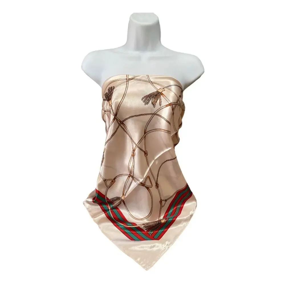 Red Green Cream Gold Tassel Print Scarf Women’s Size 36x36 in